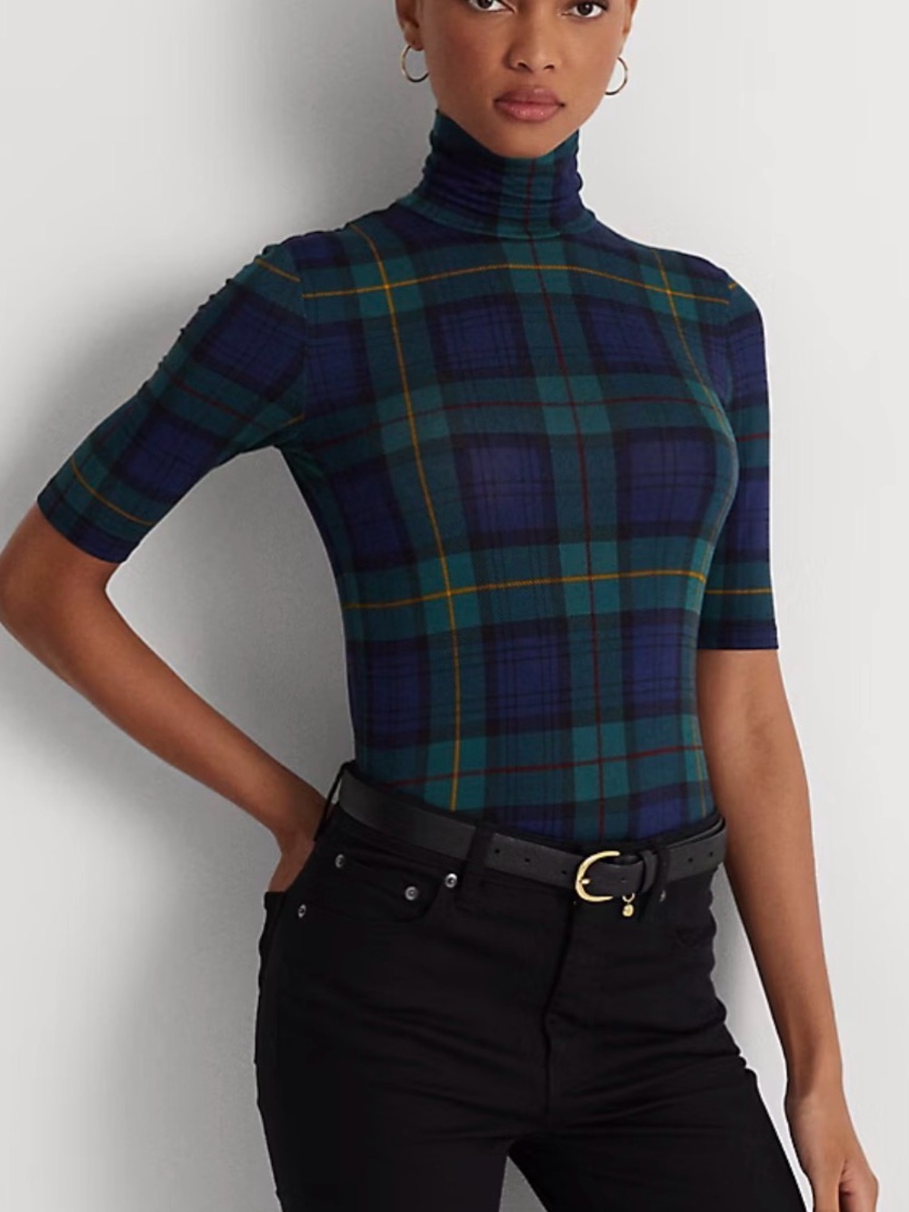 Ralp Lauren Plaid Turtleneck Short-Sleeve Top in Navy & Green